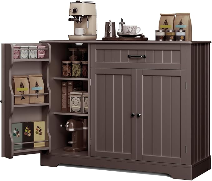 Gizoon Kitchen Coffee Bar Cabinet with Storage Kitchen Sideboard Buffet Cabinet with Drawers, Short Pantry with Door and Shelves for Bathroom and Living Room, Dark Brown