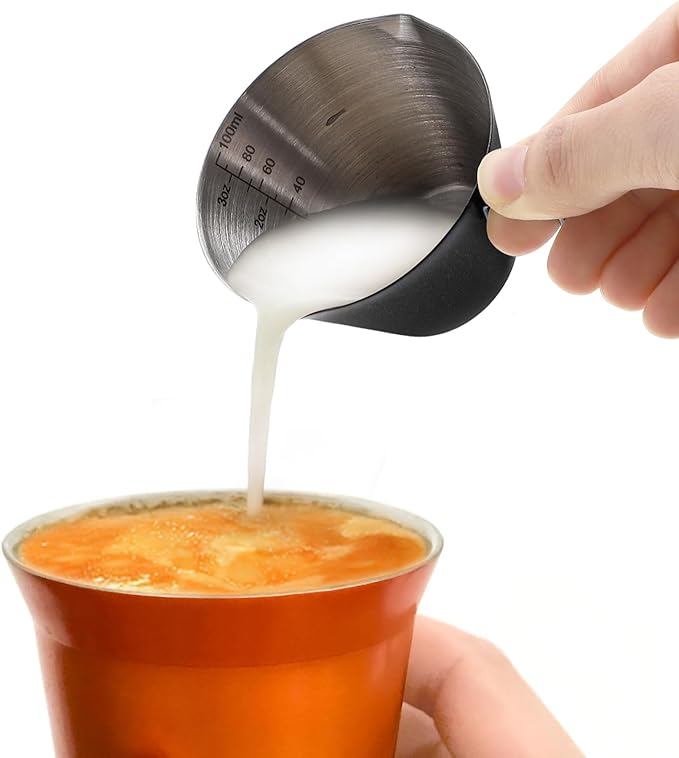 4 Pack Stainless Steel Espresso Measuring Cup, 3.4OZ/100ML Double Spout Espresso Shot Cups with Handle and Dual Scale, Small Coffee Pouring Cup, Coffee Accessories Sauce Cup, Dishwasher Safe