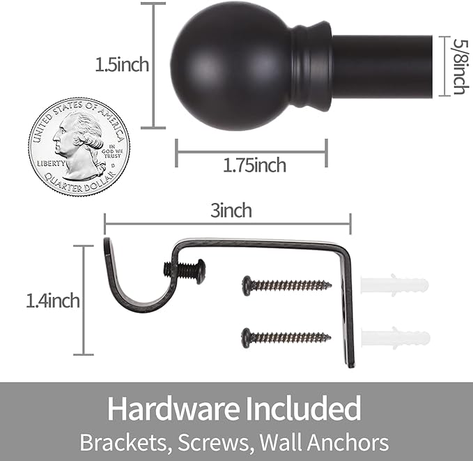 Thestoa Curtain Rods for Windows 30-62 Inch, 5/8" Matte Black Curtain Rods, Stainless Steel Small Curtain Rod for Bedroom, Living Room,Kitchen,Farmhouse, Outdoor Curtain rod Black