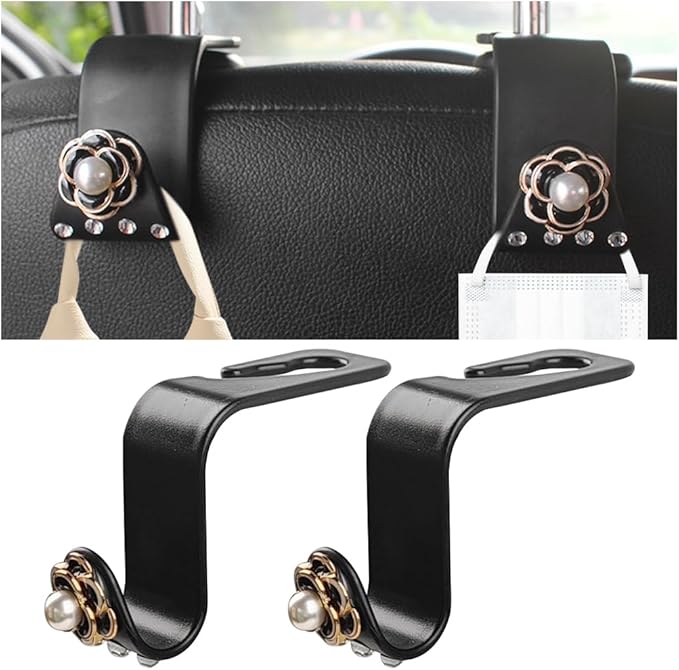 Bling Car Seat Headrest Hook, 2PCS Crystal Rhinestone Vehicle Purse Bags Holder, Diamond Automotive Interior Backseat Storage Hanger Accessories, Universal for SUV, Sedan, Truck (Black)