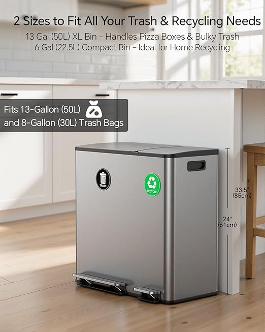 Lovewind Dual Trash and Recycling Bins for Kitchen, 13+6 Gallon Stainless Steel Garbage and Recycle Bin Combo for Large Families, Dual Trash Can with Soft Close Lid & Magnetic Stickers, Silver