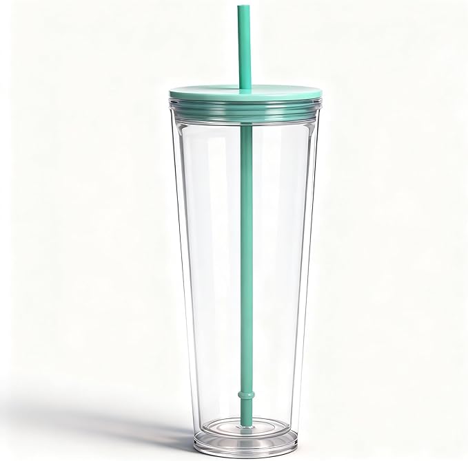 24oz Tumbler with Lid and Straw, Leak Proof and Double Wall Insulated Reusable Plastic Cups,Travel Reusable Iced Coffee Cup (1, Cyan)