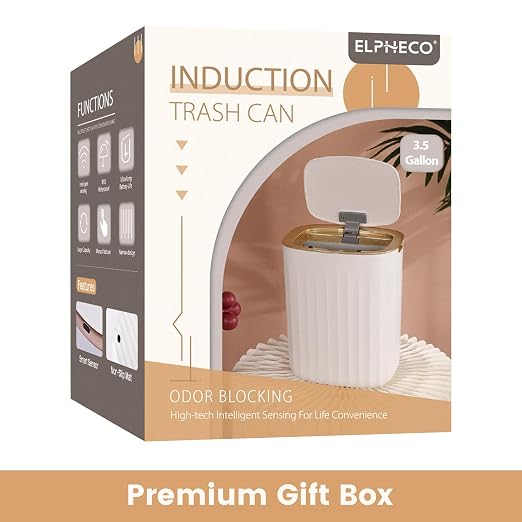 ELPHECO 3.5 Gallon Waterproof Motion Sensor Bedroom Trash Can with Lid Bathroom Decor, Bathroom Accessories Automatic Garbage Bin for Living Room Office, Golden