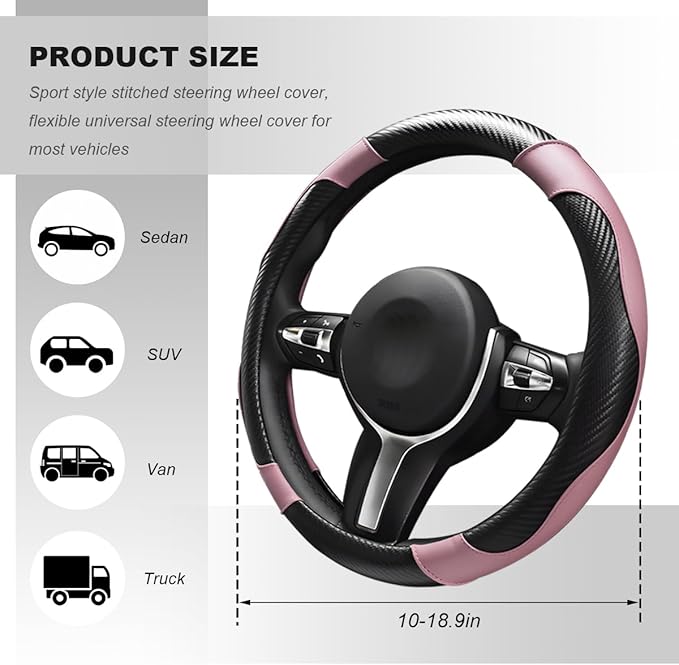 Car Steering Wheel Cover, 15 Inch Carbon Fiber Elastic Vehicle Steering Wheel Protector, Breathable Leather Auto Wheel Covers for Women Men, Interior Car Accessories (Black & Pink)
