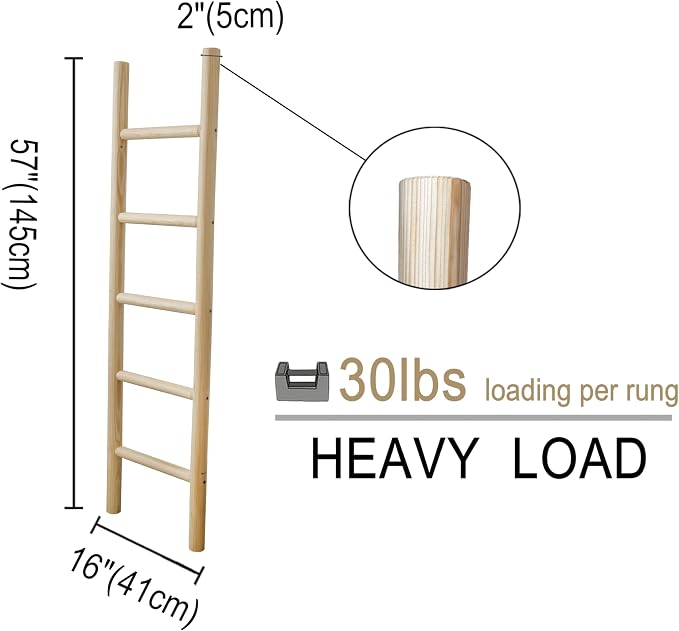 Wooden Blanket Ladder Natural & Motley Wood - Leaning Wall Decor for Bedroom, Bathroom, Living Room - Rustic Quilt Holder & Towel Rack (Light Wood Color, 57in | Fully Assembled)