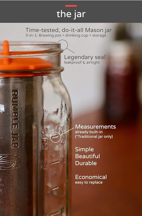 Rumble Jar - Next-Gen Cold Brew Coffee Maker for Mason Jars - 200 Micron Filter Is Ideal for Coarse Grounds & Stronger Coffee - Includes Filter + 32oz Mason Jar