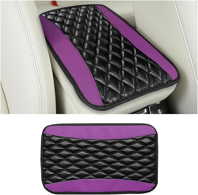 Car Center Console Cover, Comfortable PU Leather Vehicle Armrest Storage Box Cushion Pad, Anti-Scratch Automotive Interior Arm Rest Cover Protector, Universal for Truck SUV Sedan (Purple)
