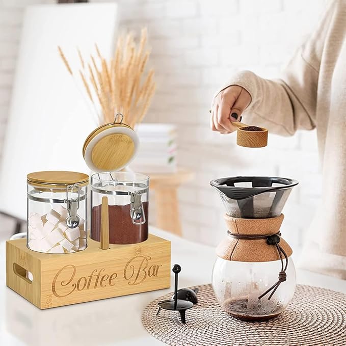 Glass Coffee Containers with Shelf & Scoop, 2 Pcs 48OZ Coffee Storage Jars with Airtight Lid for Coffee Beans, Nuts, Snack, Sugar, Tea, Wood color