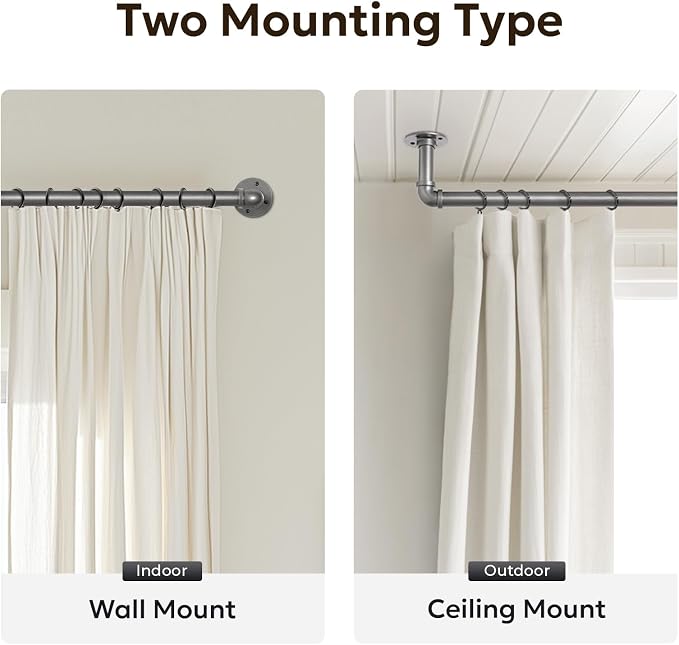 Zeerobee Curtain Rods for Windows 48 to 84, 1 Inch Industrial Wrap Around Grey Curtain Rod, Indoor/Outdoor Room Divider Adjustable Drapery Pole, 48"-86"