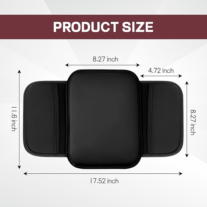 wuyaoyao Car Center Console Cover, Leather Memory Foam Armrest Cover Cushion with 2 Storage Bags, Universal Car Armrest Seat Box Pad Car Interior Accessories Protector for Most Vehicle (Black)