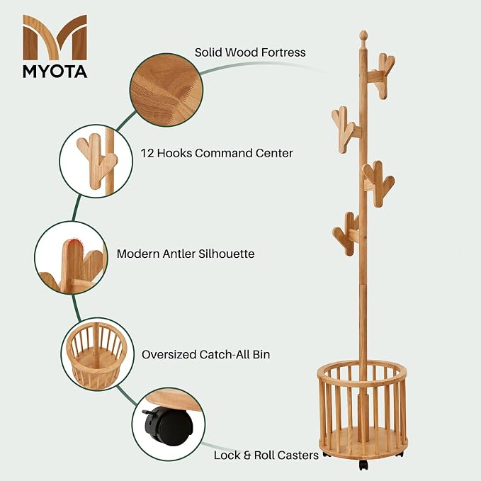 Wood Coat Rack with Umbrella Holder - Wooden Coat Tree Rack Freestanding Heavy Duty Stand with 12 Hooks, Rolling Hat Hanger Racks with Wheels for Bedroom Entryway Hallway Livingroom Corner (Natural)