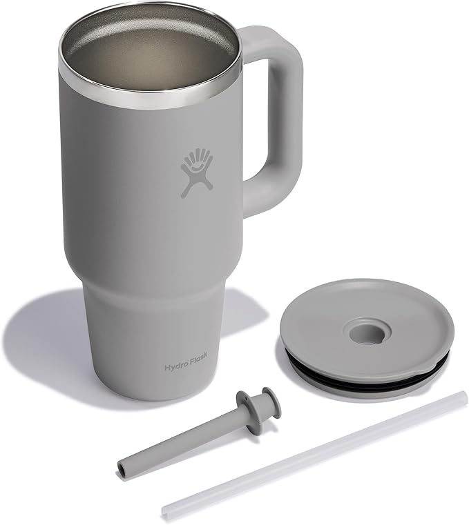 Hydro Flask Travel Tumbler with Handle, Lid and Straw - Insulated Stainless Steel in 32 Oz Tonal Birch Gray