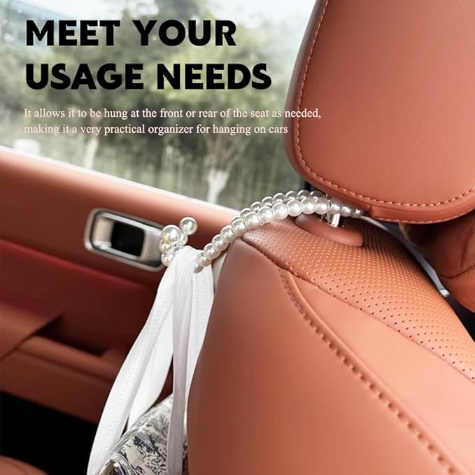 2PCS Elegant Pearl Car Seat Headrest Hook, Purse Hook for Car, Multi-Functional Automotive Rear Seat Hangers, Auto Interior Accessories Cute Vehicle Backseat Storage Hanger for Women Girls
