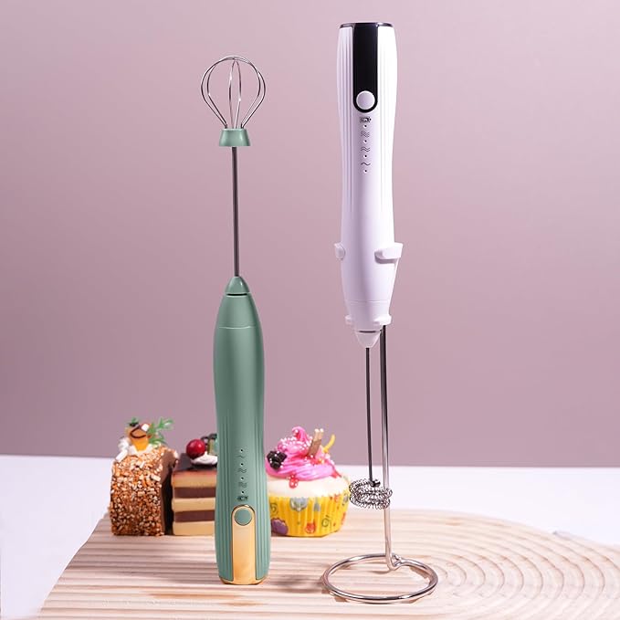 Milk Frother Handheld with Stand, Rechargeable Coffee Frother Wand with 2 Stainless Whisks 3 Speeds, Drink Mixer, Electric Foam Maker, Hand Mixer for Lattes, Cappuccino, Matcha, Egg, White