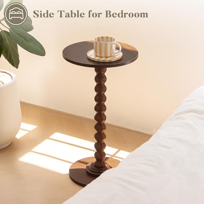Fultyle Small Round Side Table, Walnut End Table for Small Spaces, Modern Drink Table Accent Table with Solid Wood Leg for Living Room, Bedroom, Corners, and Office (Walnut Brown)