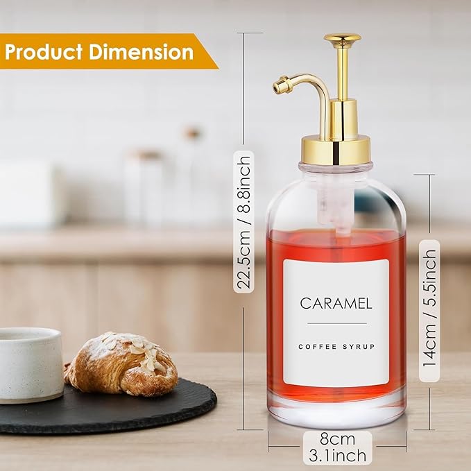 2 Pack 16.9 Oz Coffee Syrup Dispenser for Coffee Bar, 500ml Syrup Pump Dispenser, Glass Syrup Bottle w. Gold Upgraded Pump and 36 Labels, Coffee Bar Accessories Syrup Bottle