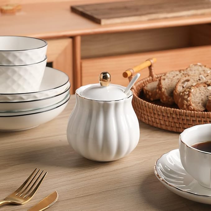 Sweejar Royal Ceramic Sugar Bowl, 12 Ounce Sugar Container with Spoon and Lid, Porcelain Salt Bowl Salt Container, Sugar Holder for Coffee Bar, Home and Kitchen(White)
