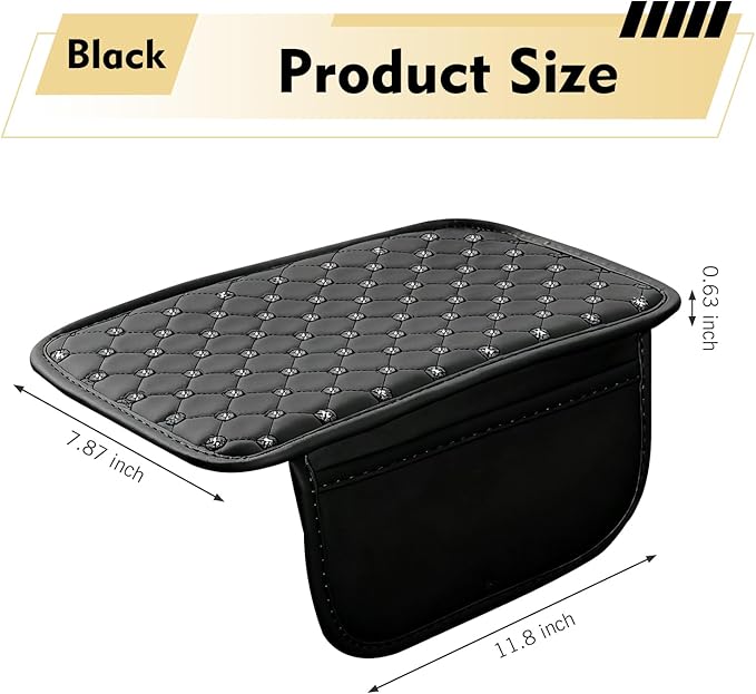 Car Center Console Cover, Leather Waterproof Armrest Cover Protector with 2 Side Storage Bags, 7.87" x 11.8" Comfort Anti-Slip Armrest Seat Box Pad, Universal for Most Cars (Black)