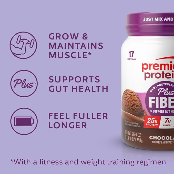 Premier Protein Powder Plus Fiber, Chocolate, 25g Protein, 7g Fiber to Support Gut Health, No Added Sugar (17 Servings)