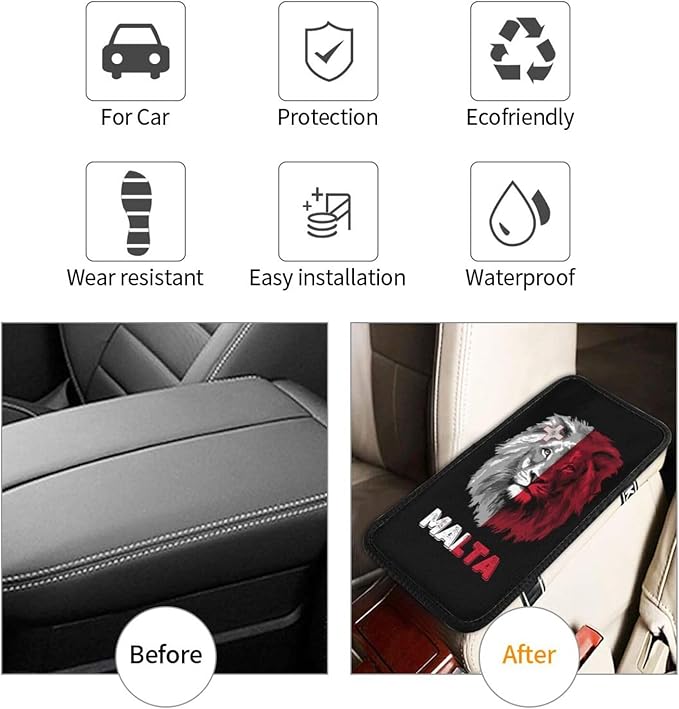 Vintage Malta Maltese Flag Lion Head Auto Center Console Armrest Cover Car Handrail Box Cushion Pad Mat Universal Fit Most Vehicle Sedan Truck SUV Soft Comfort Decor Accessories