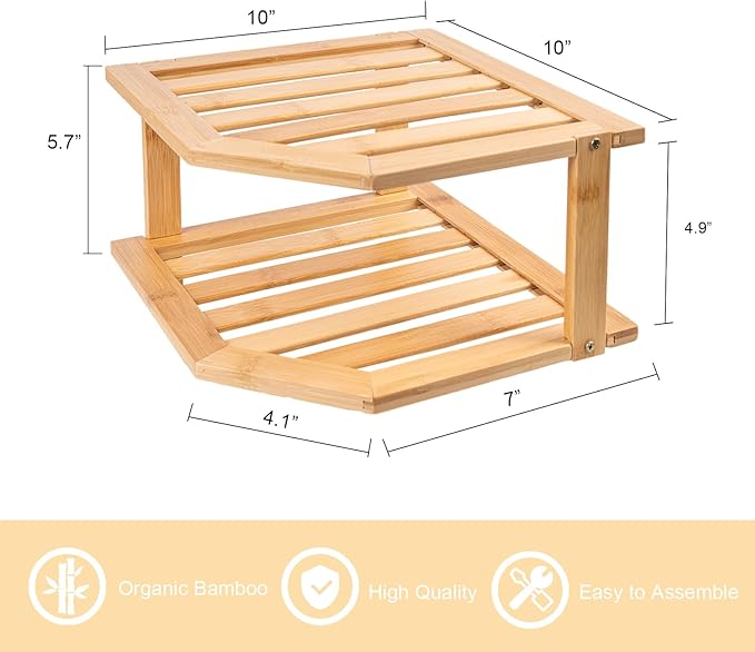 VERTORGAN Bamboo Corner Shelf,2 Tier Plate Organizer for Cabinet and Countertop,Pantry Dish and Spice Rack for Kitchen