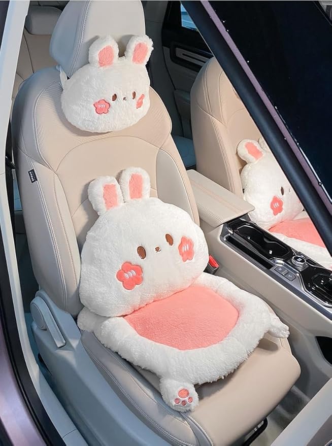 Cartoon Car Seat Cushion Lumbar Support Pillow and Neck Pillow, Cute Car Seat Pillow Headrest Pillow Back Support for Driving Fatigue Relief,for Office Chair Truck SUV (Rabbit Lumbar)