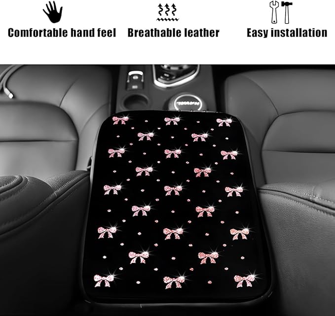 Car Center Console Cover, Waterproof Leather Bow Ribbon Vehicle Arm Rest Pad, Comfortable Automotive Interior Seat Box Armrest Protection Cushion Accessories, Universal Fit (Pink)