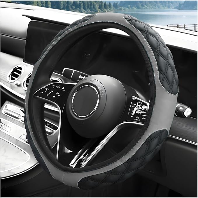 Car Steering Wheel Cover, 15 Inches Leather Steering Wheel Protector with Non-Slip Grip, Universal Wheel Covers Interior Decoration for Sedens Trucks SUVs, Car Accessories (Gray)