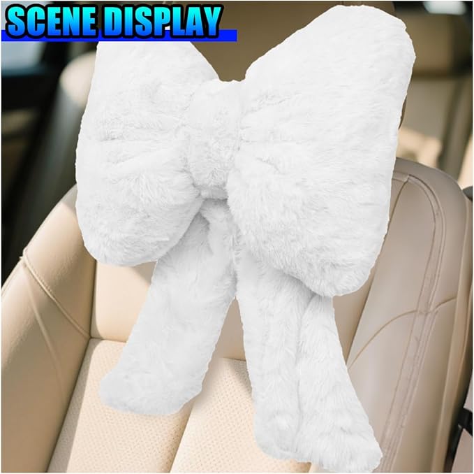 Bow Car Headrest Pillow, Plush Soft Comfortable Warm Car Neck Pillow with Adjustable Strap, Universal Breathable Ergonomic Vehicle Interior Neck Support Cushion for Fatigue Relief(White)