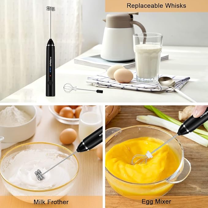 Philorn Milk Frother Wand Handheld Rechargeable Electric Whisk Coffee Drink Mixer, Mini Foamer for Lattes, Cappuccino, Frappe, Matcha, Hot Chocolate, Protein Powder, Keto Diet (Black)