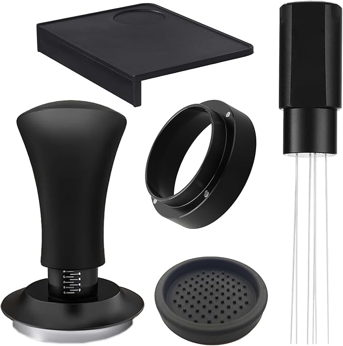 Espresso Accessories 54mm Spring Loaded Tamper Kit, 5-Piece Set with Needle Distributor WDT Tool, Dosing Funnel & Tamping Mat for 54mm Portafilter Espresso Machines (54mm)