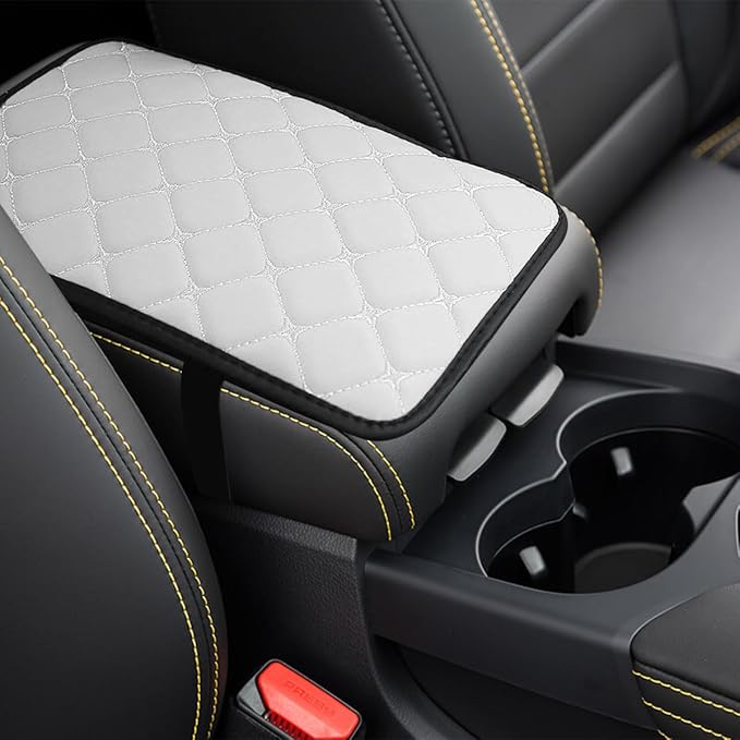 Car Center Console Cushion Pad, Comfortable PU Leather Vehicle Armrest Seat Box Cover, Waterproof Automotive Interior Arm Rest Protector Accessories, Universal Fit (White)