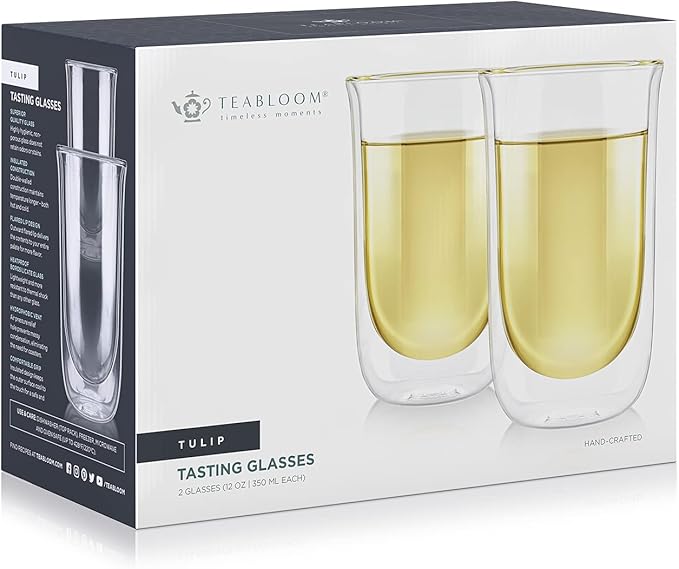 Teabloom Tulip Insulated Glasses for Tea, Coffee and other Beverages - Double Walled Borosilicate Glass Keeps Drinks Hot/Cold, 12 oz (Set of Two)