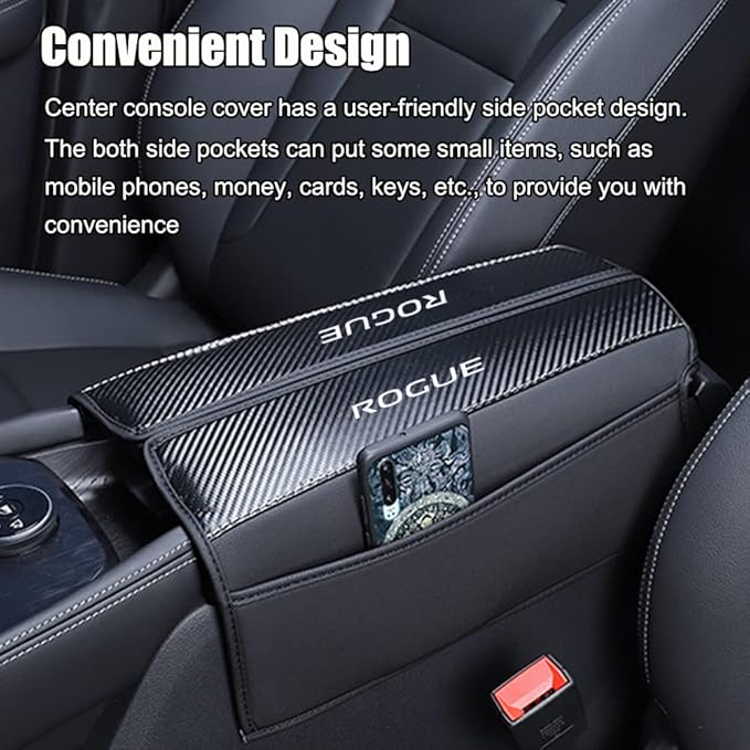 XITER 1PC Leather Center Console Armrest Cover with Side Pockets for Nissan Rogue 2021 2022 2023 2024 2025 2026 Accessories(Carbon Fiber+Black)