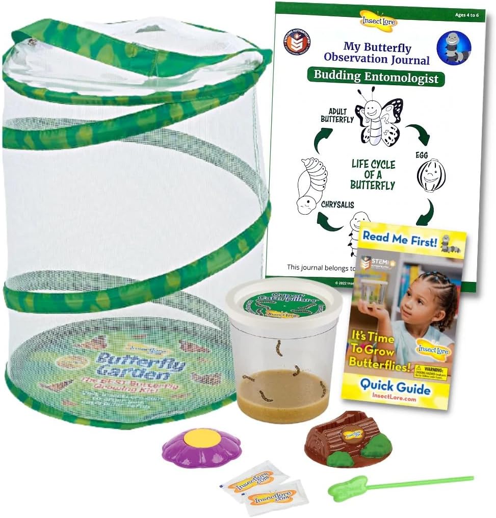 Insect Lore Butterfly Garden Kit with Live Caterpillars – Grow 10 Painted Lady Butterflies - STEM Learning Activity, Habitat with Journal, Stickers, Seeds & Figurines - As Seen on TV