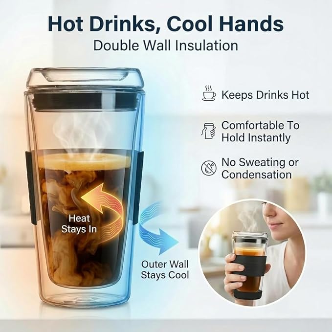Double Wall Glass Tumbler with Lid, Glass Travel Mug, Dishwasher Safe & Microwavable Clear Coffee Tumbler To Go, Reusable Ceramic Cup with Lid (Bright Aqua, 16oz)