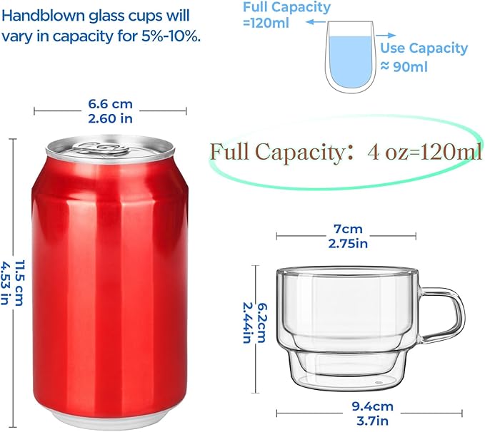 glastal 4 oz Stackable Glass Cups Espresso Cups Double Walled Espresso Glasses Set of 4, 120ml Coffee Tea Glasses Expresso Shots Cup Set for Tea, Milk, Gifts for Women Man - German Quality