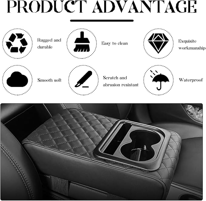 Car Center Console Armrest Pillow, 14"×8.3" Leather Memory Foam Armrest Cushion with Cup Holder & Phone Holder, Waterproof Middle Console Cover Box Protector for Most Vehicle (Diamond Pattern)