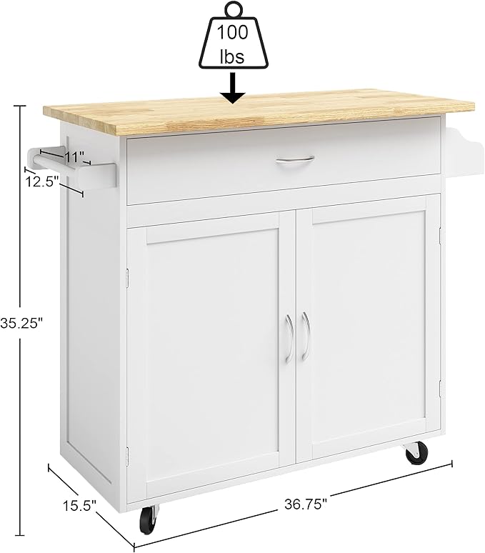 Lavish Home Kitchen Island Cart – Rolling Kitchen Table with Spice Rack, Towel Rack, Storage Drawers & Cabinet – Mobile Coffee Bar & Additional Counter Space (White)
