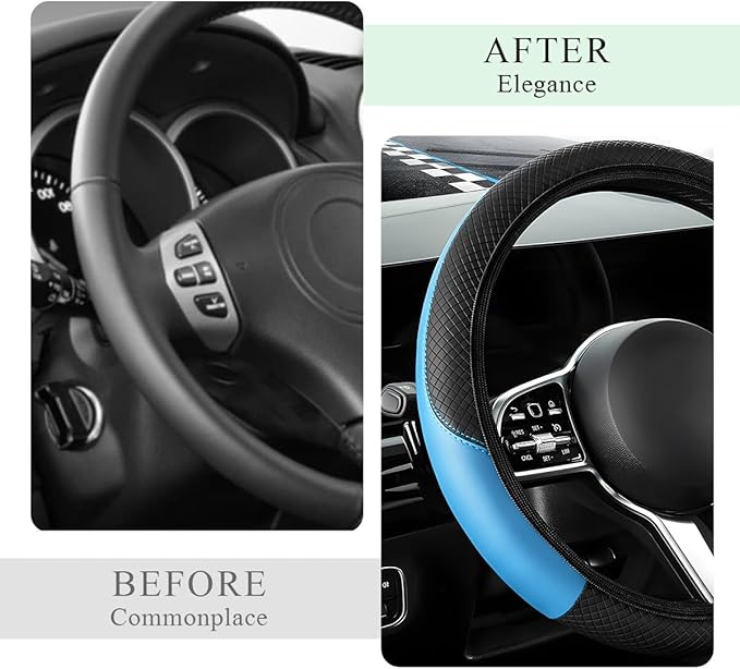 Elastic Car Steering Wheel Cover, Microfiber Leather Carbon Fiber Vehicle Steering Wheel Protector With Anti-Slip Lining - Black+Blue, AD