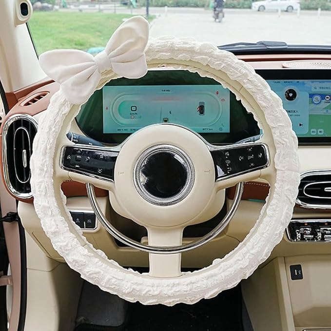 Car Steering Wheel Cover Cloth Puffrug car with Anti-Slip Sweat-Absorbing Handlebars Woman Steering Wheel Cover Gift for Sister's mom Teacher (Pink Bow)
