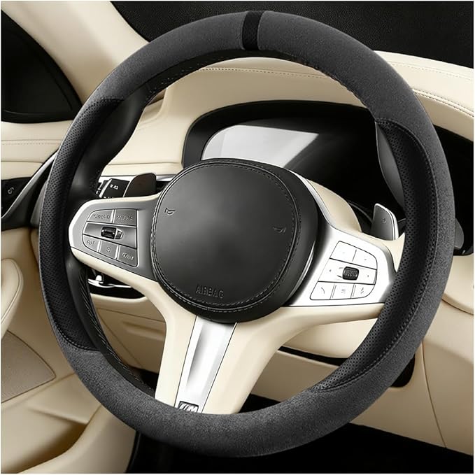 HZEL Car Steering Wheel Cover, Non-Slip Suede Leather Breathable Vehicle Steering Wheel Protector with Inner Ring, Automotive Interior Protective Accessories, Universal Fit (Carbon Black)