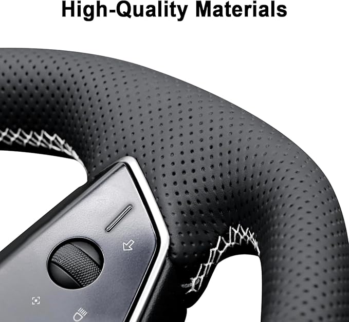 Steering Wheel Cover for Cybertruck Hand Stitching DIY Nappa Leather Steering Wheel Cover with White Center Mark (Black with White)