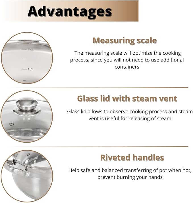 Daniks Classic 2 Quart Stainless Steel Stock Pot with Glass Lid, Tri-Ply Bottom for Even Heating, Induction Compatible, Dishwasher Safe