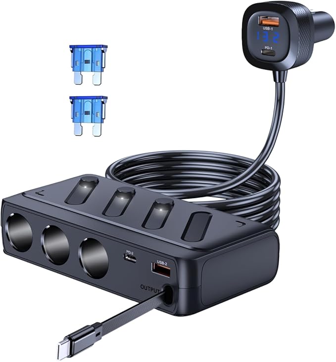 LIHAN Cigarette Lighter Splitter Adapter, 3 Sockets & 5 USB Ports (3 Type-C+2 QC), Retractable 45W PD Cable, 12V/24V Car Charger with LED Voltage Monitor for Vehicle/RV/SUV/Truck