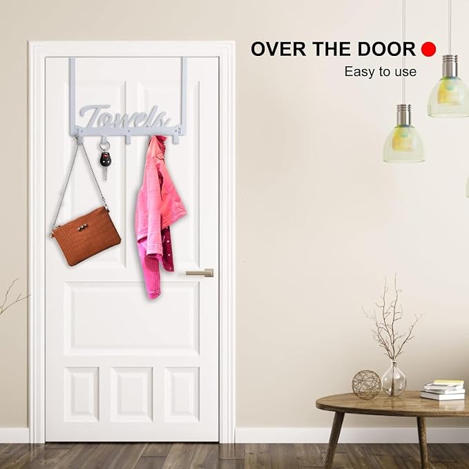 Azmoncy Over The Door Hooks, Towel Rack for Bathroom Towel Holder for Hanging Heavy Duty, Over Door Towel Hanger with 7 Coat Hooks for Bedroom Bathroom Kitchen Towels, Silver