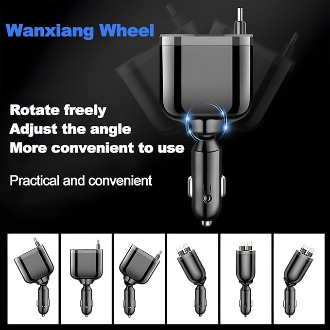 Retractable Car Charger, 4 in 1 Super Fast Vehicle Phone Charger Adapter, Auto Cellphone Charging Accessories with Dual Type C Cables & 2 USB Ports, Universal for SUV, Sedan, Truck