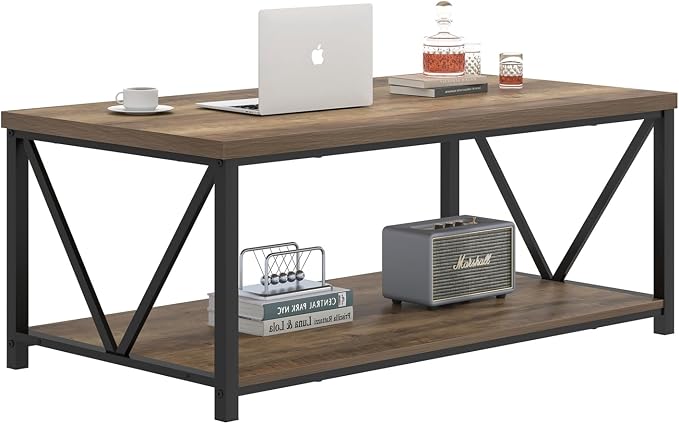 FOLUBAN Coffee Table with Storage Shelf, Modern Industrial Metal and Wood Living Room Table, Small Rectangle Cocktail Tea Table for Bedroom Home Office, Rustic Oak, 39.3 Inch