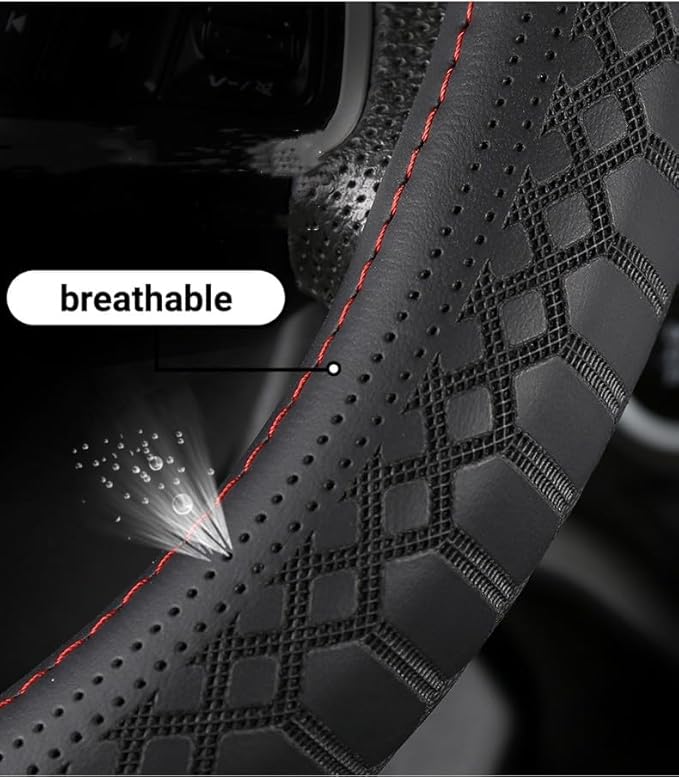 Corium Leather Steering Wheel Cover Rubber Inner Ring All Car Universal Four Seasons Universal Anti-Slip15 16 17 18 19 inch for Truck (red, 15inch)