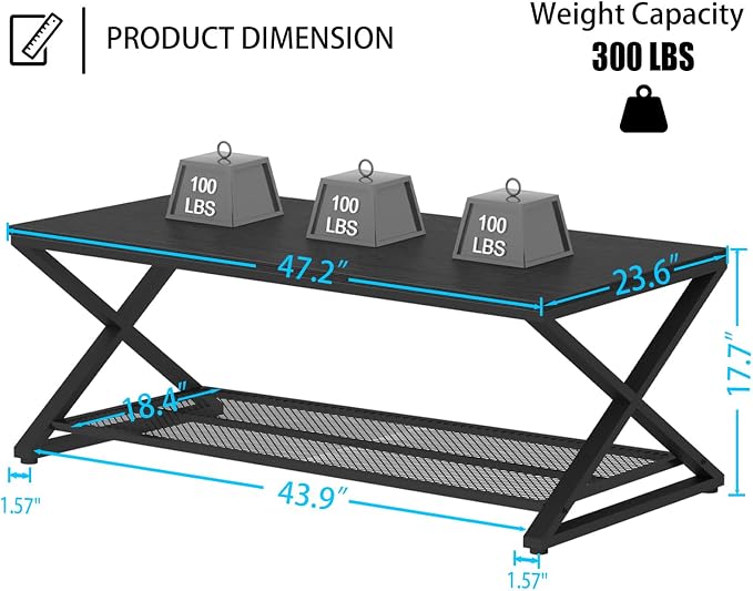LVB Black Coffee Table, Wood Metal 2 Tier Center Tables with Storage Shelf, Modern Rectangular Concrete Tea Table for Living Room, Wooden Middle Cocktail Table for Office Bedroom, 47 inch, Black Oak